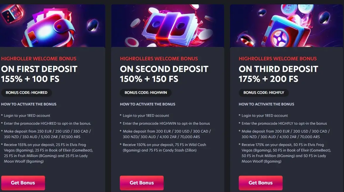 Welcome bonus package for high rollers